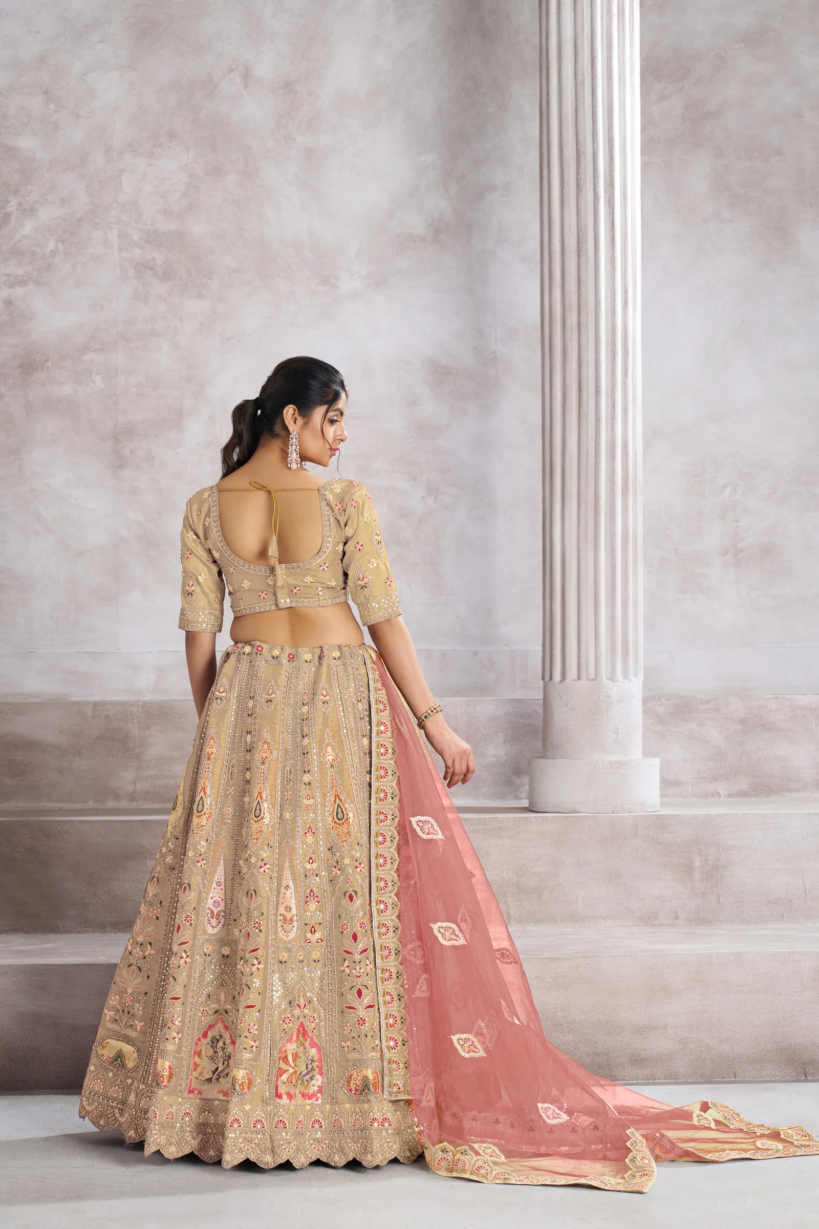 Kf 32 Chiku Banarasi Silk Patch Work Semi Bridal Lehenga Choli Online Wholesale